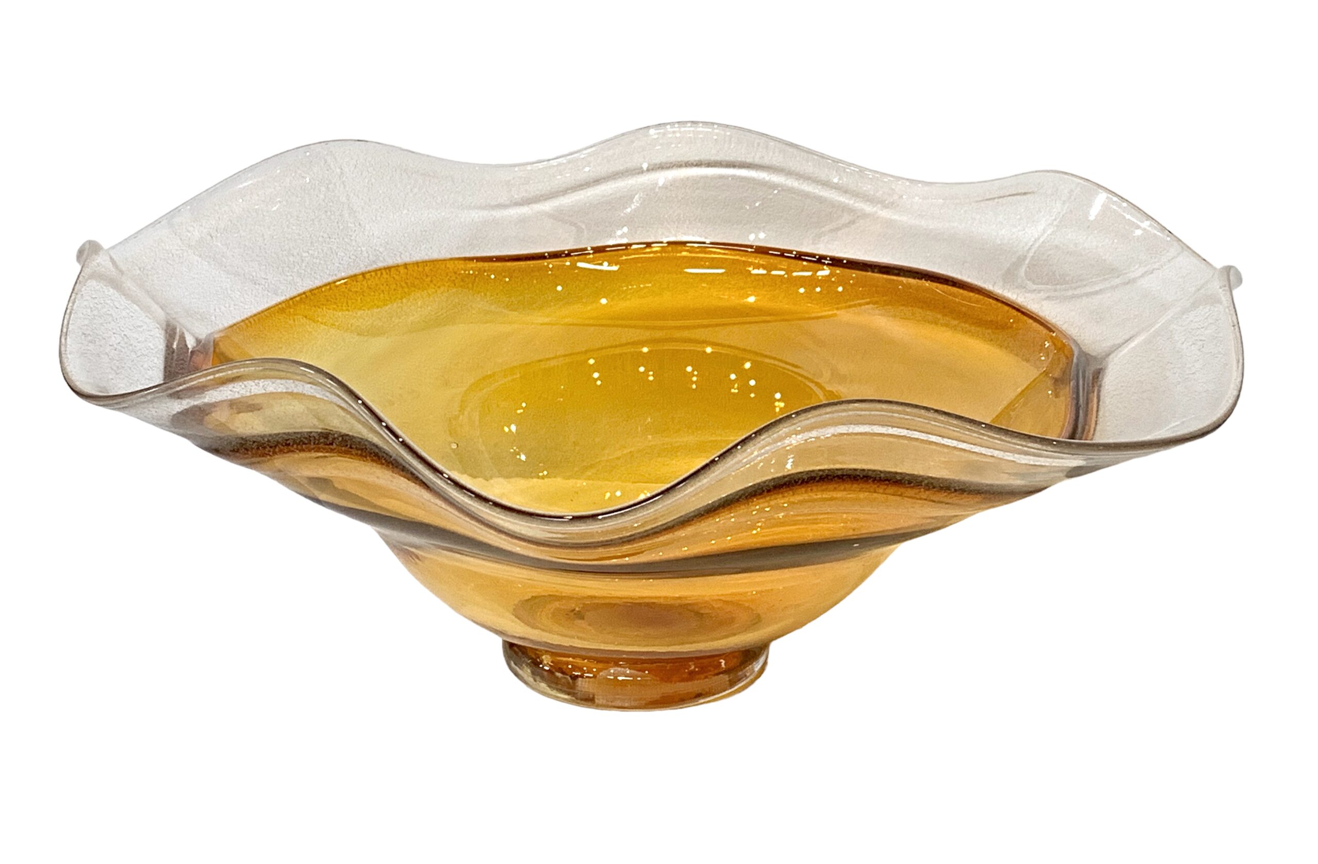 One of a kind yellow blown glass wave bowl by Hayden MacRae at Effusion Art Gallery in Invermere, BC