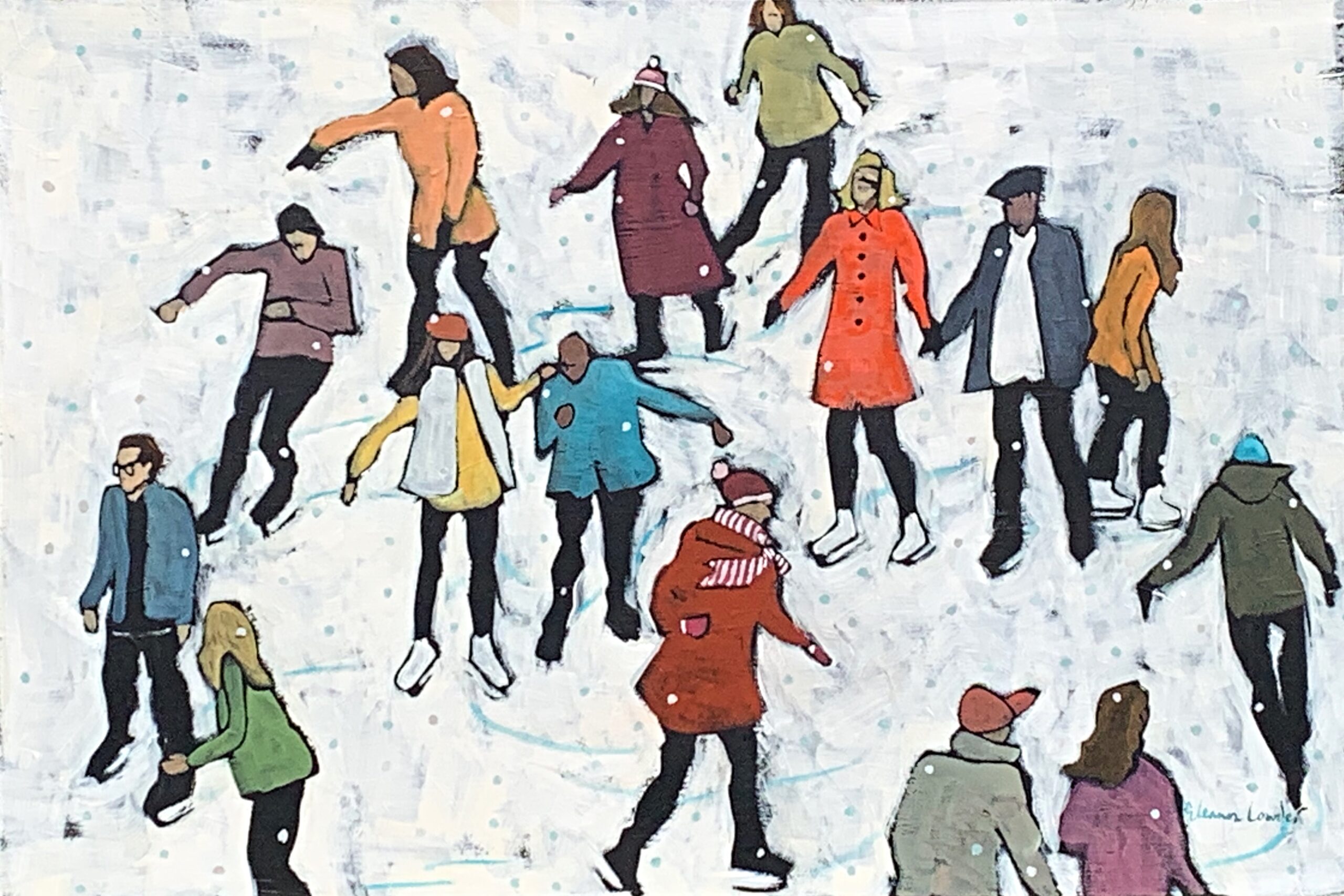Practice Makes Perfect, original acrylic ice skating on the White Way painting by Eleanor Lowden at Effusion Art Gallery in Invermere, BC