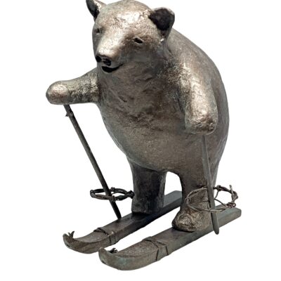 Ski Lover, cute mixed media skiing bear sculpture by Karin Taylor at Effusion Art Gallery in Invermere, BC.