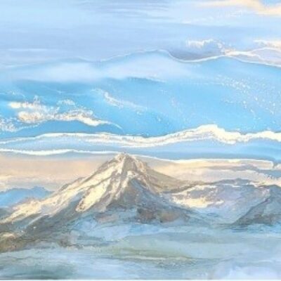 Alpine Dreamscape, original alcohol ink dreamy mountain landscape painting by Paulina Tokarski at Effusion Art Gallery in Invermere, BC