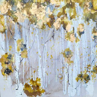 Canopy of Dreams 1, original alcohol ink autumn birch tree painting by Paulina Tokarski at Effusion Art Gallery in Invermere, BC