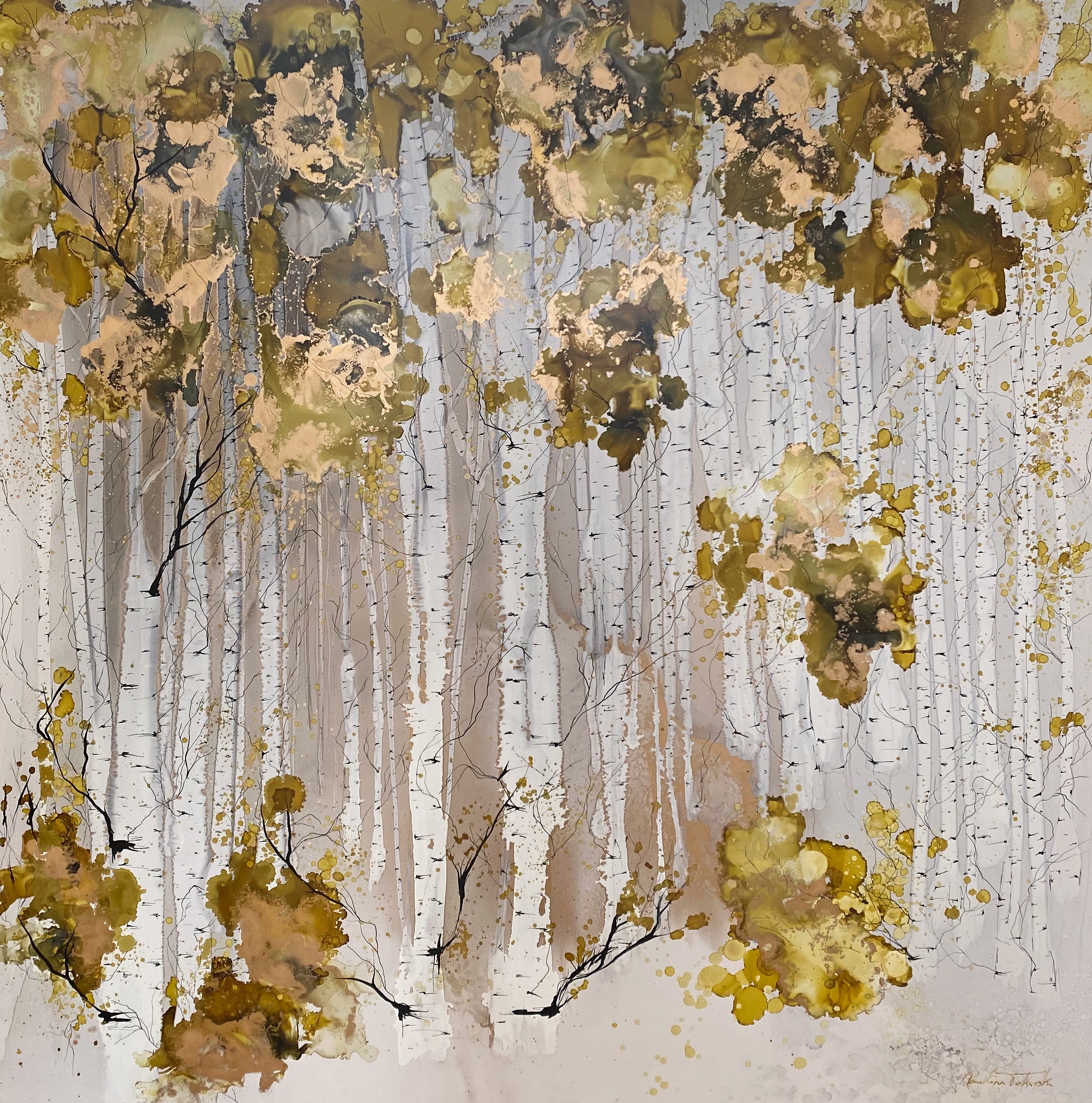 Canopy of Dreams 2, original alcohol ink autumn birch tree painting by Paulina Tokarski at Effusion Art Gallery in Invermere, BC
