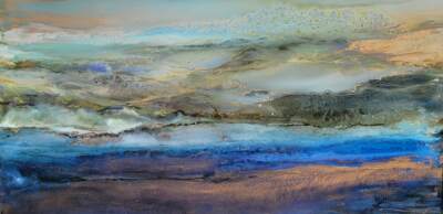 Rustic Calm, original alcohol ink abstract landscape painting by Paulina Tokarski at Effusion Art Gallery in Invermere, BC
