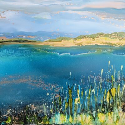 Shore's Embrace, original alcohol ink Columbia Valley wetlands painting by Paulina Tokarski at Effusion Art Gallery in Invermere, BC