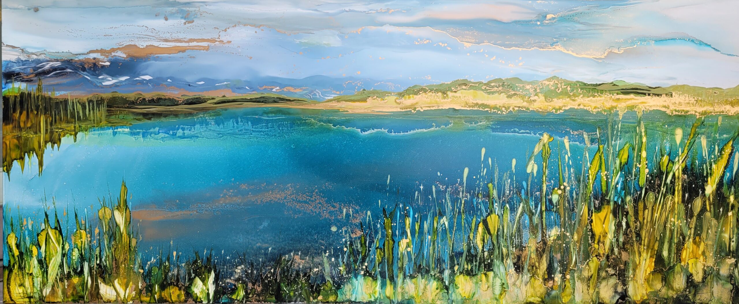 Shore's Embrace, original alcohol ink Columbia Valley wetlands painting by Paulina Tokarski at Effusion Art Gallery in Invermere, BC