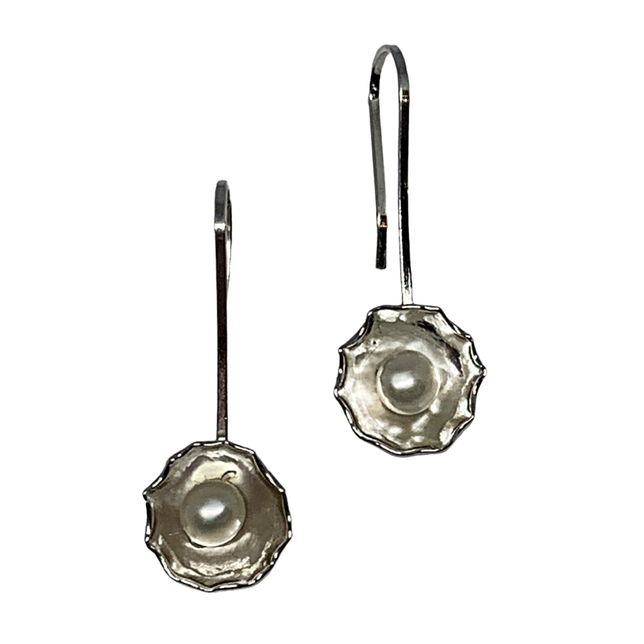 Handmade silver and pearl earrings by A&R Jewellery at Effusion Art Gallery in Invermere, BC.