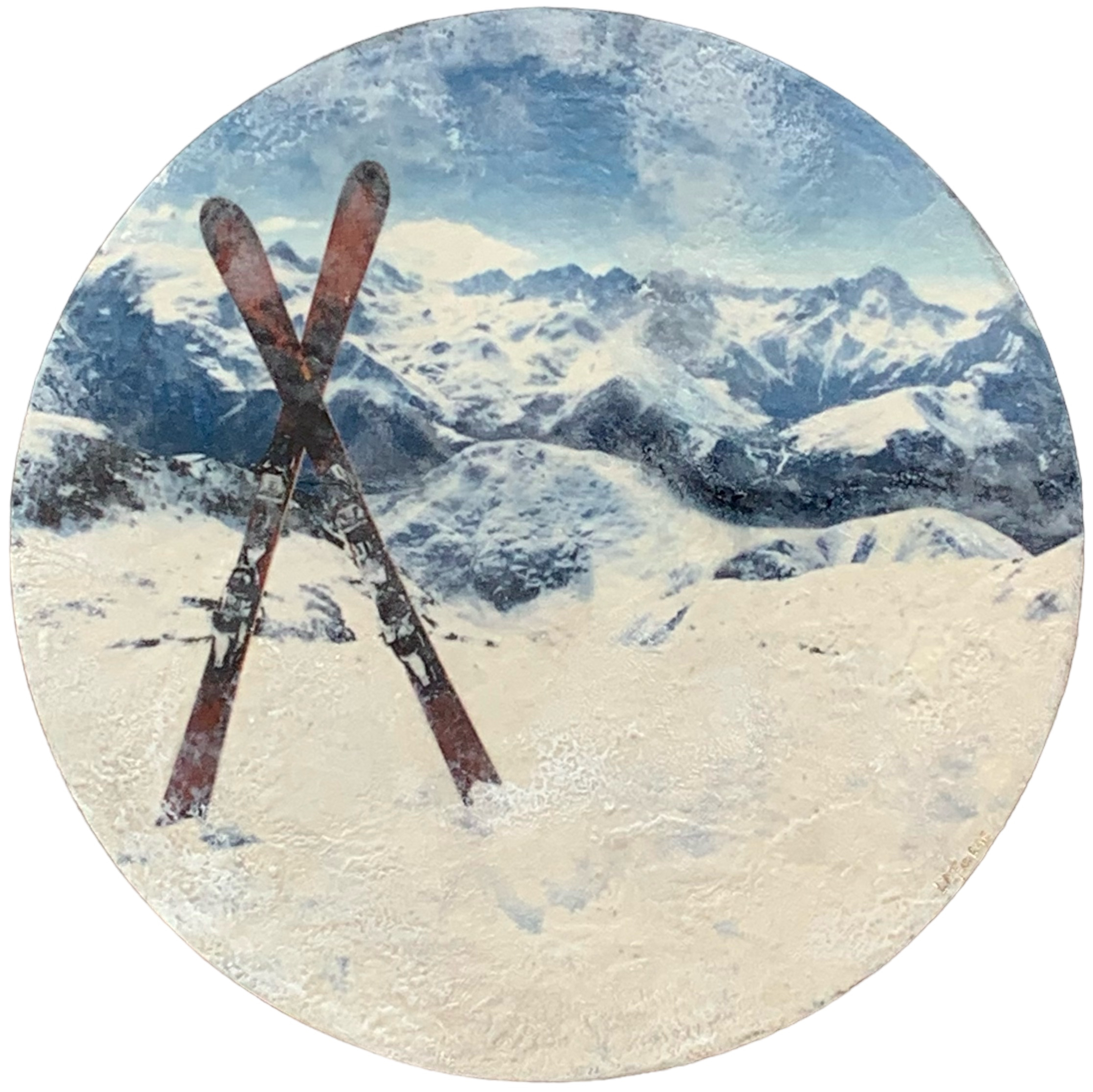 Ski Country, encaustic skis in the snow on a mountain painting by Lee Anne LaForge at Effusion Art Gallery in Invermere, BC
