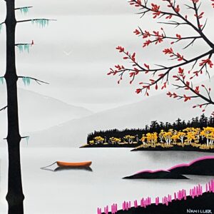 Original mixed media painting of a late autumn lake landscape with an orange canoe by Canadian artist Natasha Miller.