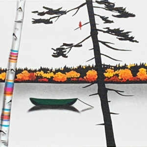 Original mixed media painting of a vibrant fall lake landscape with a green canoe and HBC stripes on a birch tree by Canadian artist Natasha Miller.