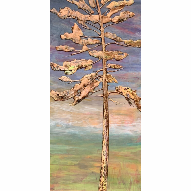 Old Goldie, mixed media tree painting at sunset by Sarah Moffat at Effusion Art Gallery in Invermere, BC.