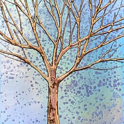 Twilight, mixed media tree painting by Sarah Moffat at Effusion Art Gallery in Invermere, BC.