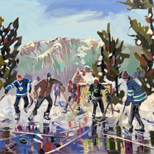 Original oil painting of kids with Toronto Maple Leafs, Montreal Canadiens, and Vancouver Canucks jerseys playing hockey on the lake by Robert Roy.