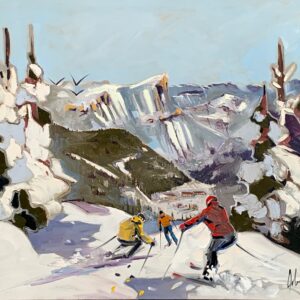 Original oil painting of a group of skiers with red, yellow, and orange jackets are downhill skiing in the Canadian Rockies by Robert Roy.