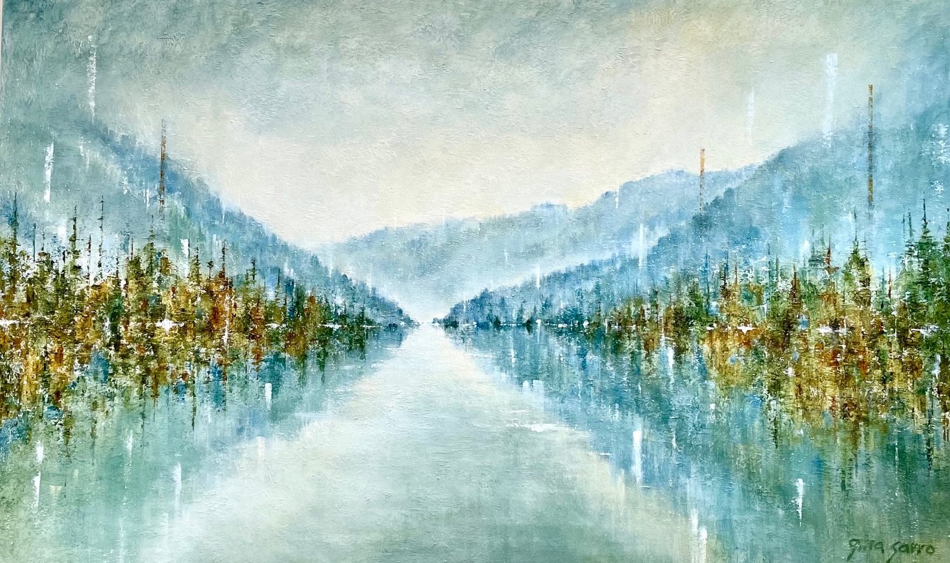 Dreamy Days with You, original acrylic lake landscape painting by Gina Sarro at Effusion Art Gallery in Invermere, BC.