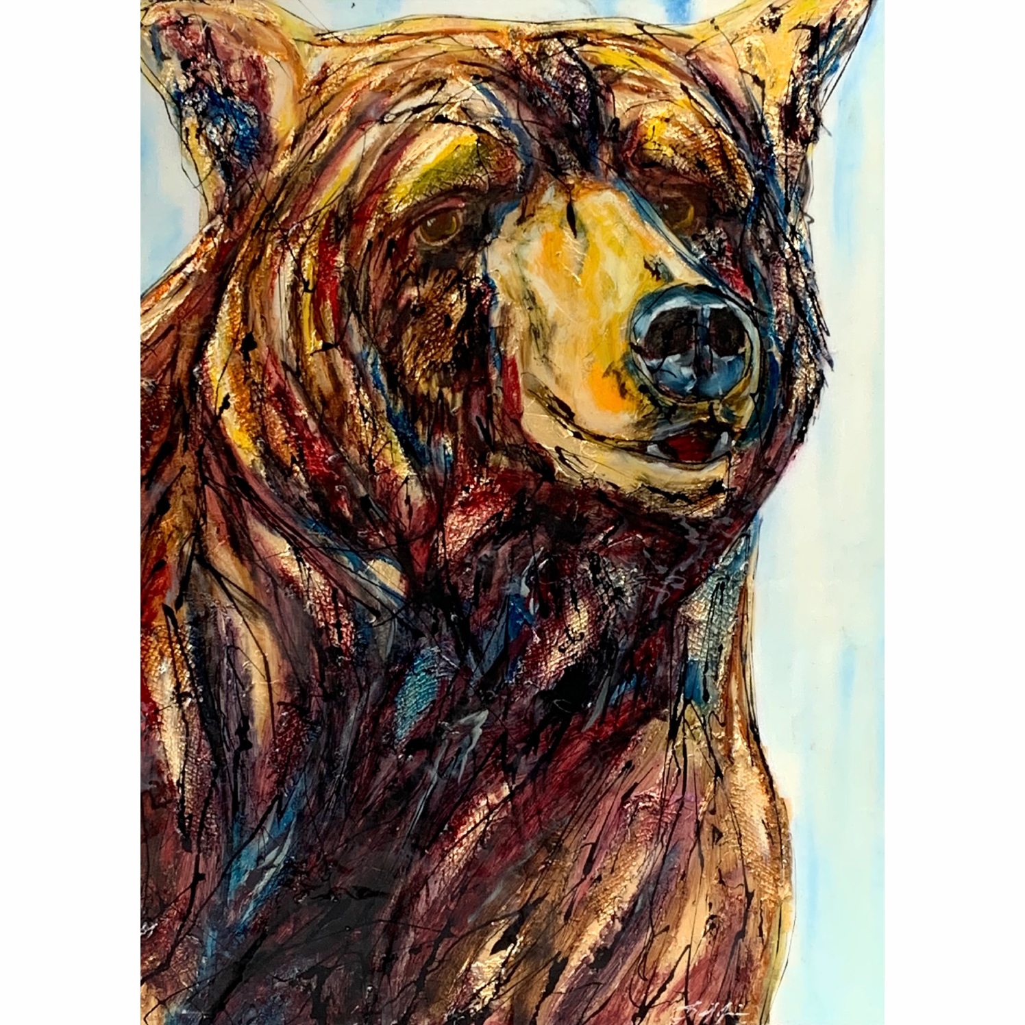 Ground of Being, original mixed media happy brown bear painting by David Zimmerman at Effusion Art Gallery in Invermere, BC.