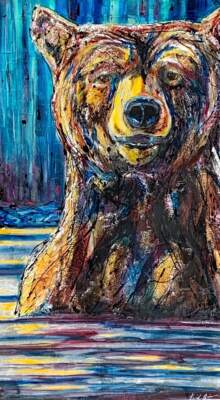 Radio Talk, mixed media bear painting by Canadian artist David Zimmerman | Effusion Art Gallery in Invermere, BC.