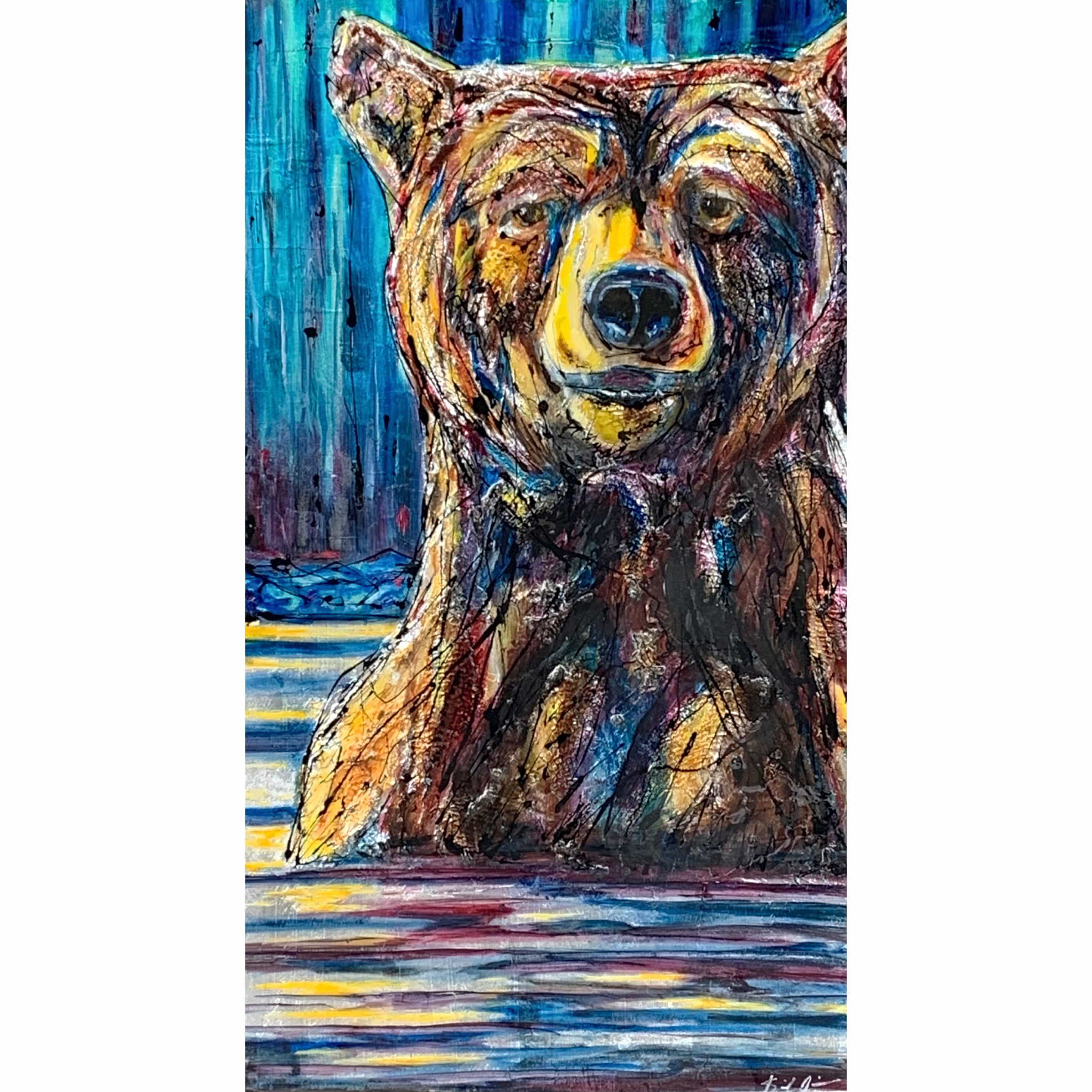 Radio Talk, original mixed media swimming brown bear painting by David Zimmerman at Effusion Art Gallery in Invermere, BC.