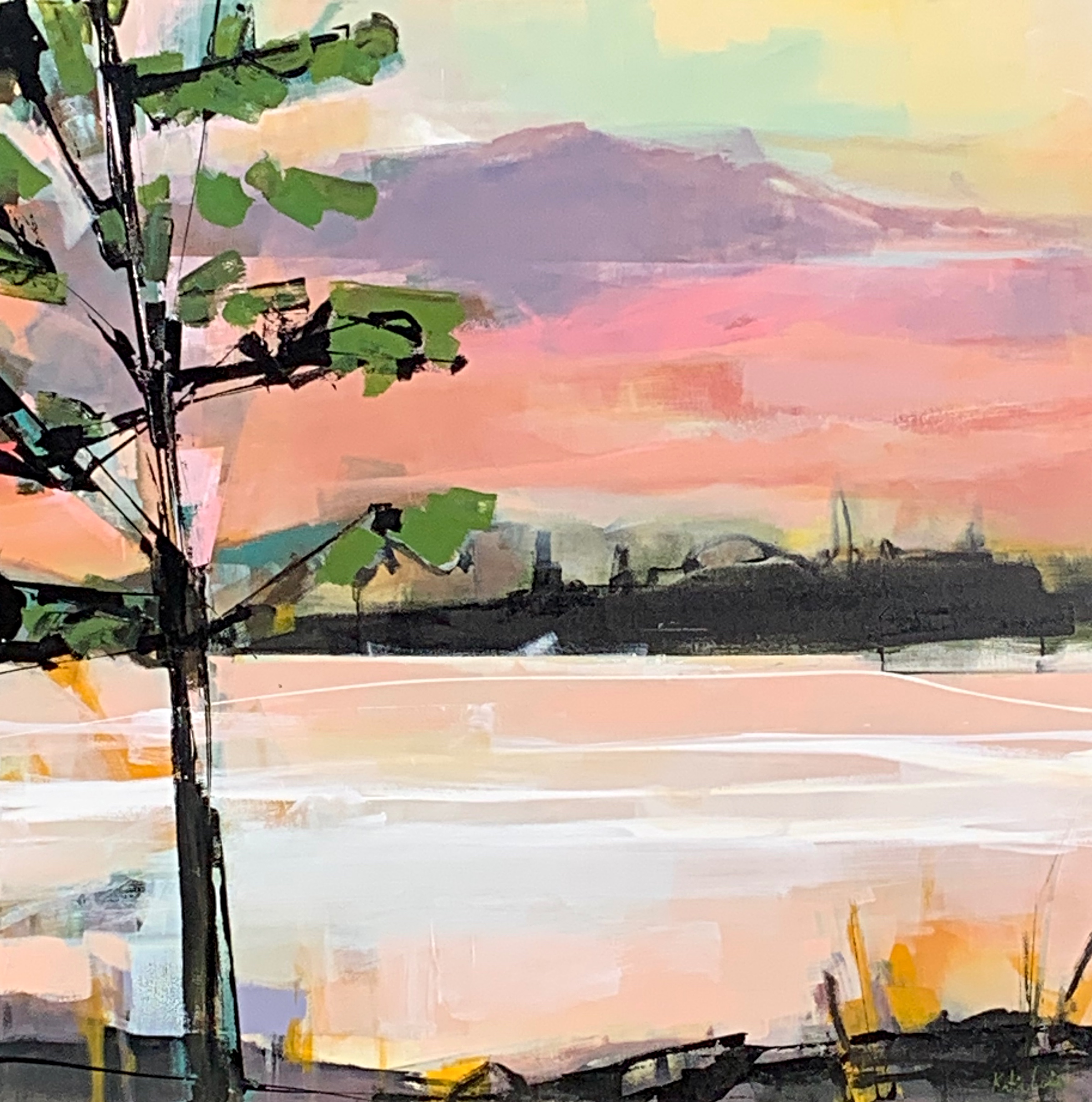 Fresh, original acrylic sunset landscape painting by Canadian artist Katie Lois at Effusion Art Gallery in Invermere, BC.