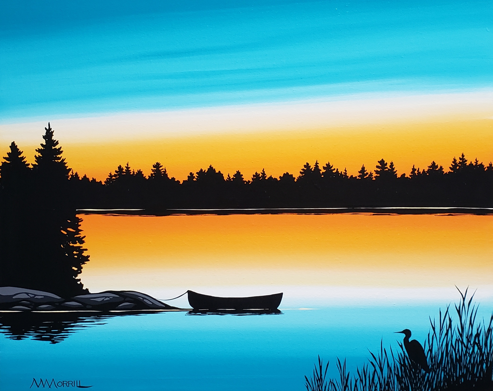 A Restful Evening III, original summer lake sunset painting with a canoe by Monica Morrill at Effusion Art Gallery in Invermere, BC.