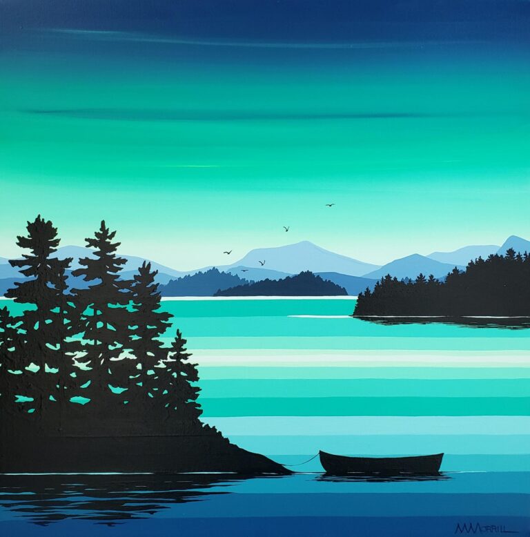 Emerald Evening V, original summer lake sunset painting with a canoe by Monica Morrill at Effusion Art Gallery in Invermere, BC.