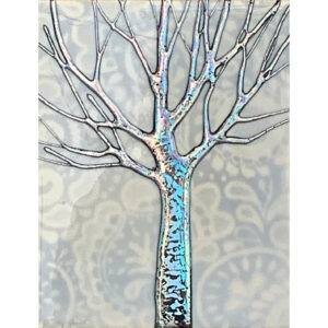 Original mixed media painting of a silver holographic tree on a cream and light grey paisley background by Sarah Moffat.