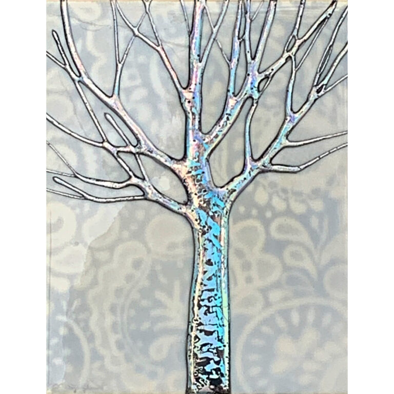 Mini Tree 1, silver holographic mixed media tree painting by Sarah Moffat at Effusion Art Gallery in Invermere, BC.