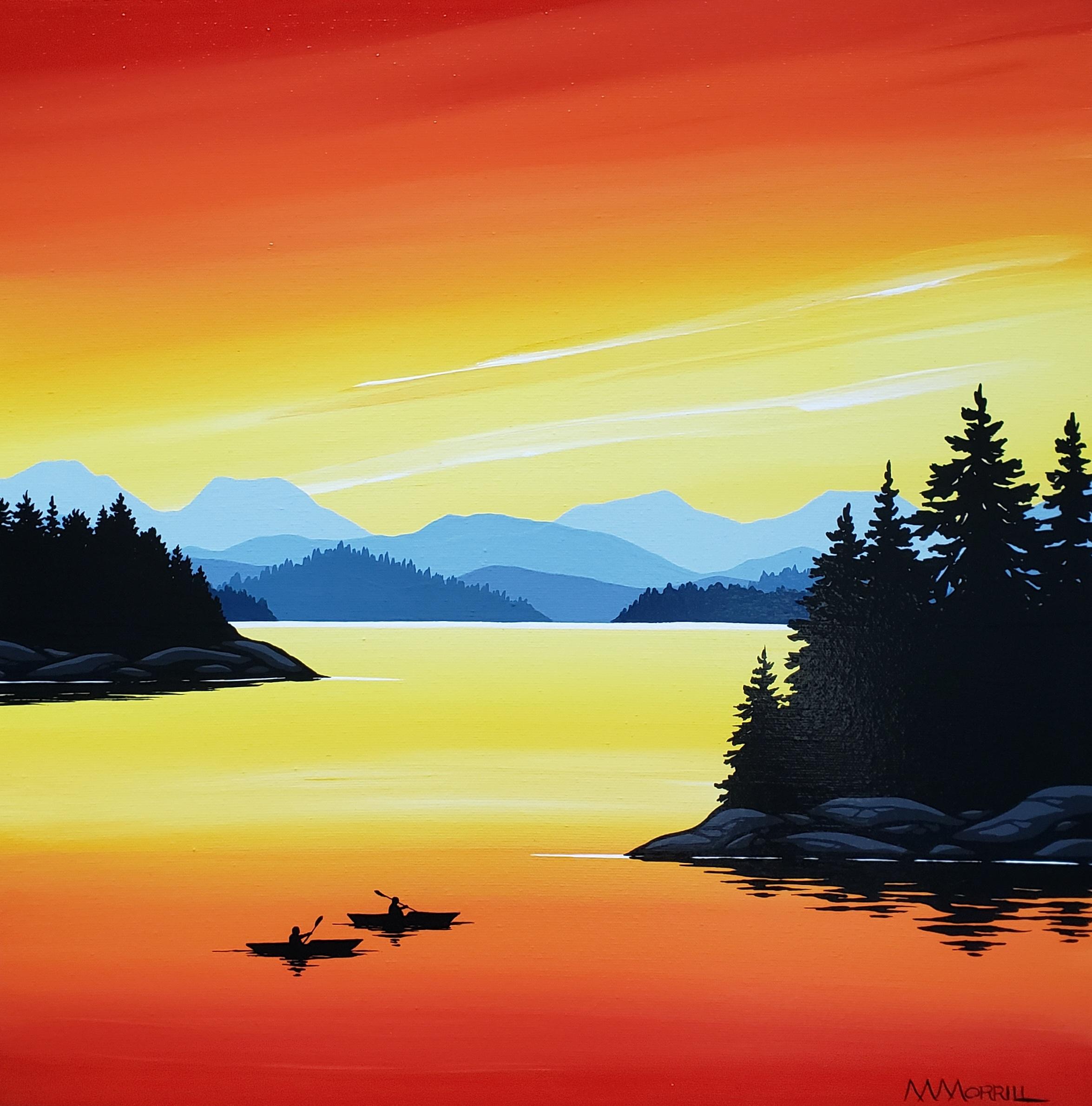 Serene Morning III, original landscape painting of kayaks at sunrise by Monica Morrill at Effusion Art Gallery in Invermere, BC.