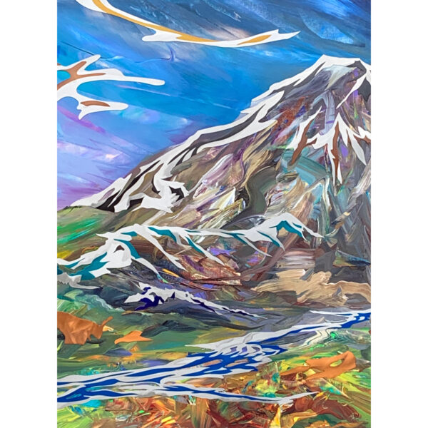 Back Country Trek, mixed media landscape painting with stainless steel overlay by Canadian artist Joel Masewich at Effusion Art Gallery in Invermere, BC.