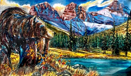 At Ease Today, mixed media bear and Rocky Mountain landscape painting by David Zimmerman at Effusion Art Gallery in Invermere, BC.