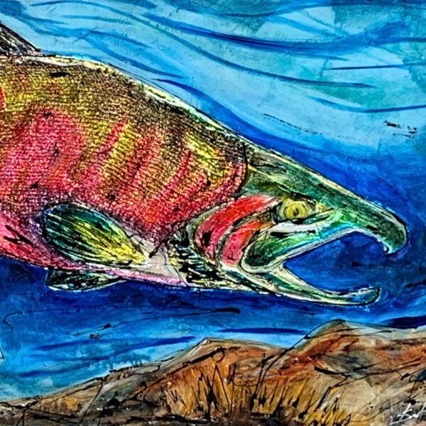 On the Prowl, mixed media salmon fish painting by Canadian artist David Zimmerman at Effusion Art Gallery in Invermere, BC.