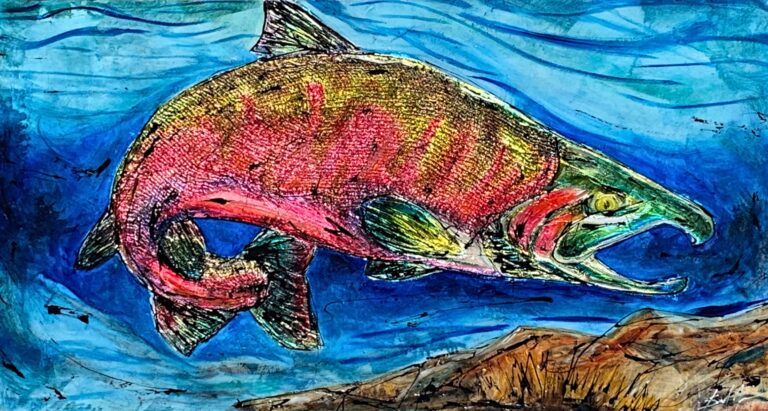 On the Prowl, mixed media salmon fish painting by Canadian artist David Zimmerman at Effusion Art Gallery in Invermere, BC.