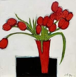 Original modern painting of red tulips in a red vase on a black table with a soft creamy white background by Danielle Lanteigne.