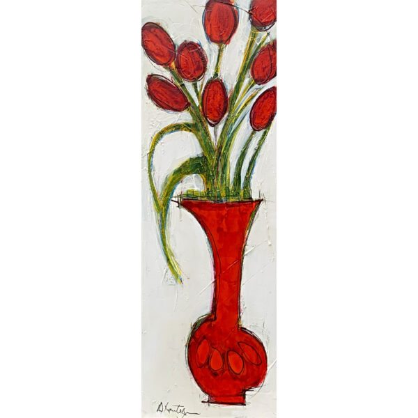 Tulipes et vase rouge, acrylic tulip painting by Canadian artist Danielle Lanteigne at Effusion Art Gallery in Invermere, BC.