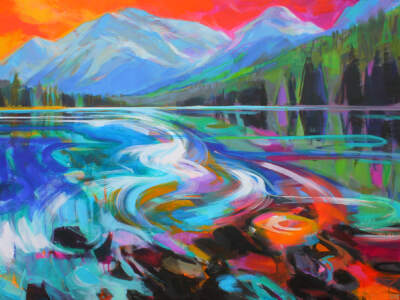 Twists and Turns, original acrylic mountain lake landscape painting by Becky Holuk at Effusion Art Gallery in Invermere, BC.