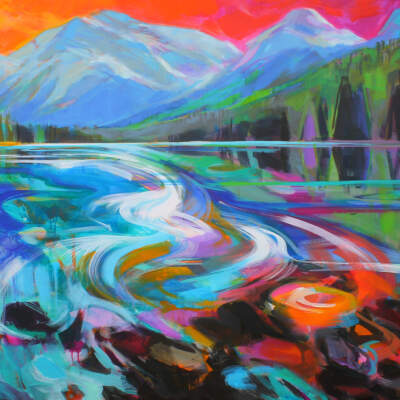Twists and Turns, original acrylic mountain lake landscape painting by Becky Holuk at Effusion Art Gallery in Invermere, BC.