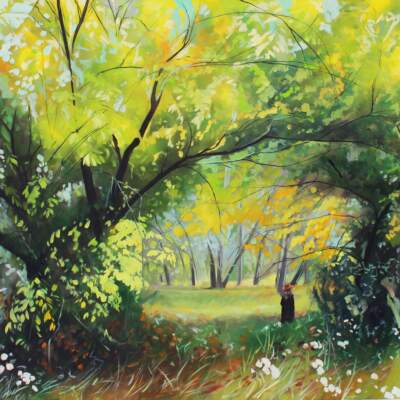 Portal to Fae, mixed media lush green landscape painting by Canadian artist Michaela Hoppe at Effusion Art Gallery in Invermere, BC