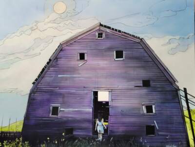 Shelter, mixed media old purple barn and prairie landscape painting by Canadian artist Michaela Hoppe at Effusion Art Gallery in Invermere, BC
