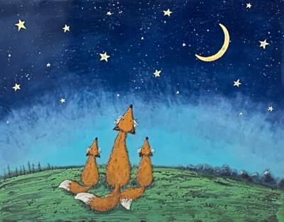 To the Moon and Past the Stars 19, original encaustic fox family painting by Brenda Walker at Effusion Art Gallery in Invermere, BC.