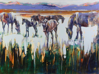 Morning Graze, original painting of horses grazing by Verne Busby at Effusion Art Gallery in Invermere, BC.