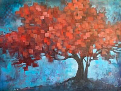 Stay Bright, original acrylic red tree painting by Connie Geerts at Effusion Art Gallery in Invermere, BC.