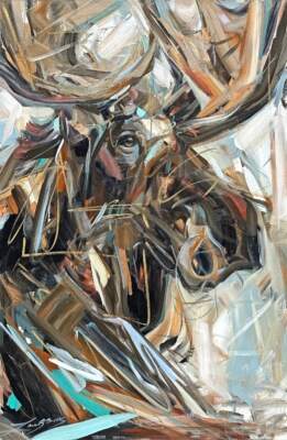 Slide Over, original acrylic moose painting by Canadian artist Laura Stevens at Effusion Art Gallery in Invermere, BC.