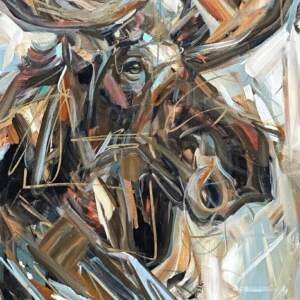 Slide Over, original acrylic moose painting by Canadian artist Laura Stevens at Effusion Art Gallery in Invermere, BC.