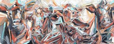 Slide Over, original acrylic painting of sassy cows by Canadian artist Laura Stevens at Effusion Art Gallery in Invermere, BC.