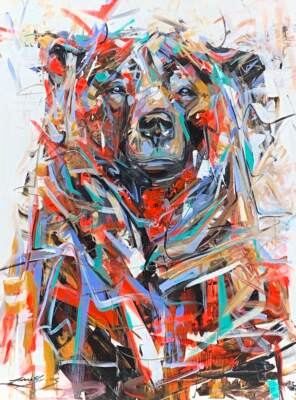 Sunshower, acrylic bear painting by Canadian artist Laura Stevens at Effusion Art Gallery in Invermere, BC.