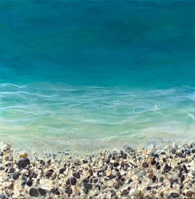 West Coast 316, original encaustic and pebble beach and turquoise water painting by Canadian artist Brenda Walker at Effusion Art Gallery in Invermere, BC.