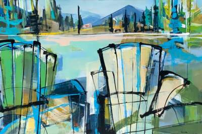 Loon Songs, original acrylic lake landscape painting by Katie Lois at Effusion Art Gallery in Invermere, BC