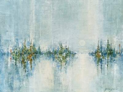 Spaces Between, original acrylic full moon landscape painting by Canadian artist Gina Sarro at Effusion Art Gallery in Invermere, BC.