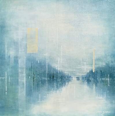 Tranquility, original acrylic misty landscape painting by Canadian artist Gina Sarro at Effusion Art Gallery in Invermere, BC.