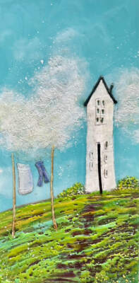 67 Rainbow Road, original encaustic farmhouse painting by Brenda Walker at Effusion Art Gallery in Invermere, BC.