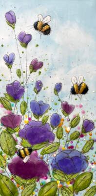 Just Bee 155, original encaustic bees and purple flowers by Brenda Walker at Effusion Art Gallery in Invermere, BC